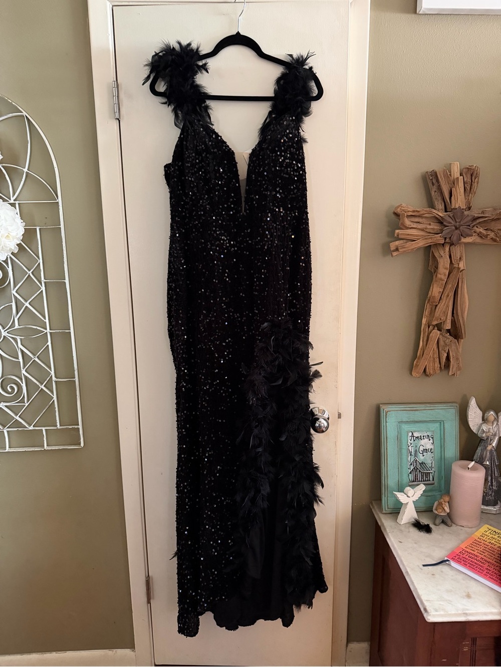 Black Sequin Feather-Trim Ball/Evening Dress
